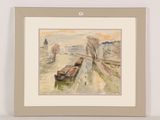 framed watercolor painting of a train on a track in a rural setting