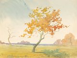 une image d'une peinture représentant un arbre dans un champ