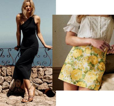 two photos of a woman in a black dress and a yellow floral skirt