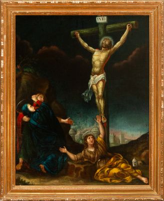 a painting of jesus on the cross with a woman kneeling next to him