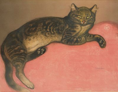 painting of a cat laying on a pink cushion with its eyes closed