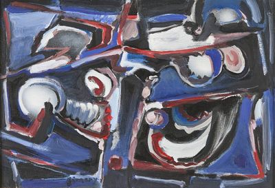 peinture abstraite composée de carrés bleus, rouges et noirs, avec un crâne au centre