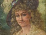 painting of a woman in a large hat with flowers in her hair