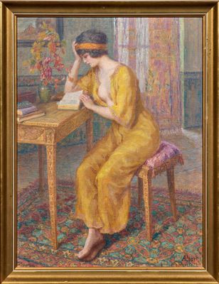 une image d'un tableau représentant une femme assise à une table