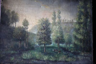 une photo d'un tableau représentant une scène de forêt accroché au mur