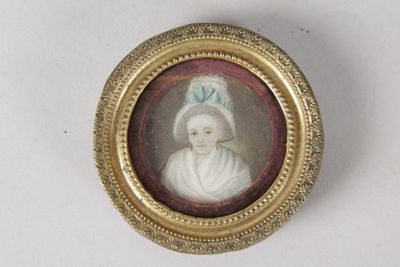 portrait of a lady in a white dress and a blue hat in a gold frame
