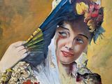 a painting of a woman holding a fan in her hand