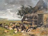 a painting of a farm scene with chickens and chickens