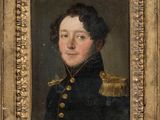 un tableau représentant un homme en uniforme militaire, dans un cadre doré