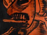 un dessin orange et noir représentant un homme à tête de chèvre