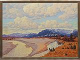 une peinture à l'huile représentant une rivière avec des montagnes en arrière-plan