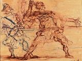 tableau représentant deux hommes en train de se battre dans un champ