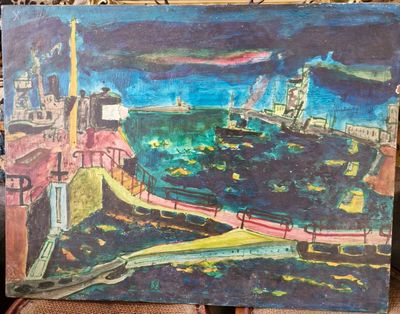 une image d'une peinture d'une ville au bord de l'eau