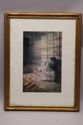 Claude VERLINDE (1927-2020) " Enfant écrivant", aquarelle et… - Photo 1