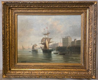 une peinture à l'huile représentant des bateaux dans un port, avec un château en arrière-plan