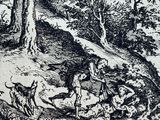 a black and white drawing of a man and a dog in a wooded area