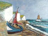 a painting of a boat on the beach near the water