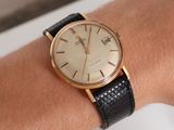 a gold wrist watch on a person ' s arm