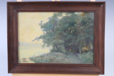une peinture à l'huile représentant un paysage avec des arbres et un plan d'eau