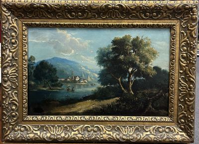 an oil painting of a landscape with a river and a village in the distance