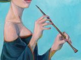 a painting of a woman in a hat playing a flute