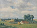 tableau représentant un champ avec une maison et des arbres au loin