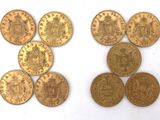 six different types of gold coins are arranged on a white surface