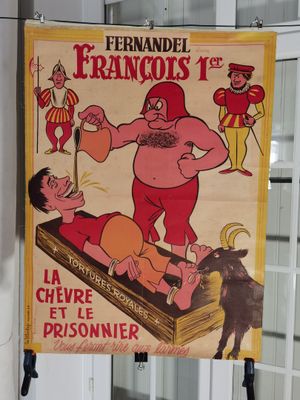 affiche représentant un homme dans une posture de lutte, avec une chèvre devant lui