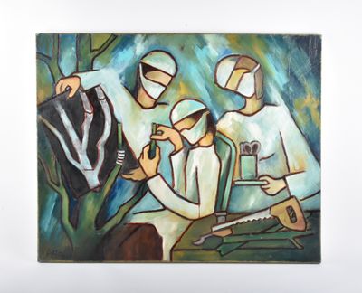 tableau représentant un groupe de médecins dans un décor hospitalier
