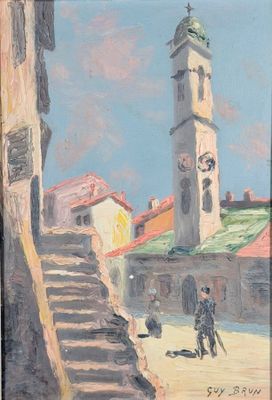 une peinture à l'huile représentant un homme marchant dans une rue, près d'un immeuble