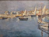 a painting of boats in a harbor with houses in the background