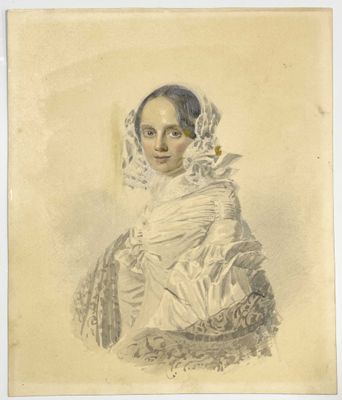 un vieux dessin représentant une femme en robe blanche avec un voile