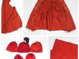 plusieurs photos d'une jupe rouge, d'un chapeau et d'autres objets