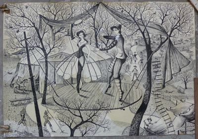 HETREAU Rémy, "Le théatre ambulant", dessin à l'encre, signé…