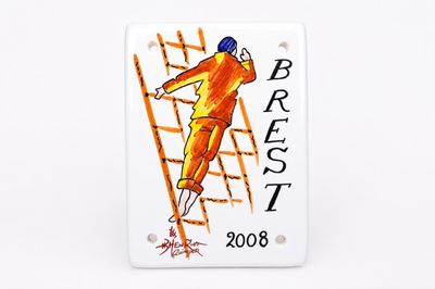 painting of a man climbing a ladder on a white plaque
