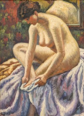 an image of a painting of a naked woman sitting on a bed