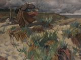 an image of a painting of a man on a horse in the sand