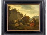 a painting of a painting of a man and a cow in a landscape