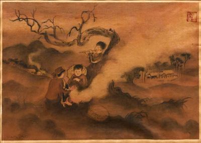 peinture chinoise représentant un homme et un enfant dans un paysage