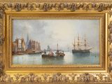 une image représentant une peinture d'une scène portuaire avec des bateaux sur l'eau