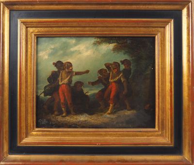 une peinture à l'huile représentant un groupe d'hommes accompagnés d'un chien dans un environnement boisé