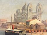 a painting of a boat in the water near a building