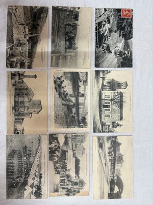 several old black and white photos of buildings and people on a street