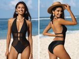 deux photos d'une femme en maillot de bain une pièce noir sur la plage
