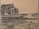 dessin représentant une vue d'une plage avec un bâtiment en arrière-plan
