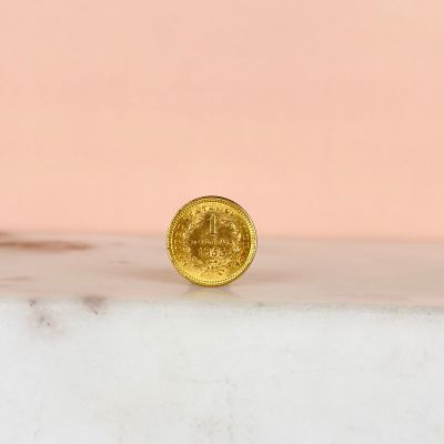 a gold coin sitting on top of a marble counter top