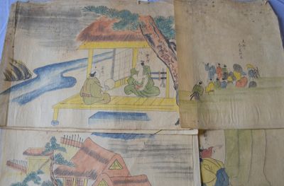 several pieces of old paper with asian paintings on them