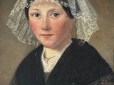 portrait d'une jeune femme en robe noire, coiffée d'un voile blanc