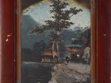 an old picture of a painting of a house and a tree