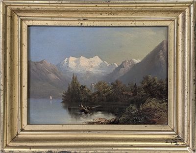 une photo d'un tableau représentant un lac et des montagnes